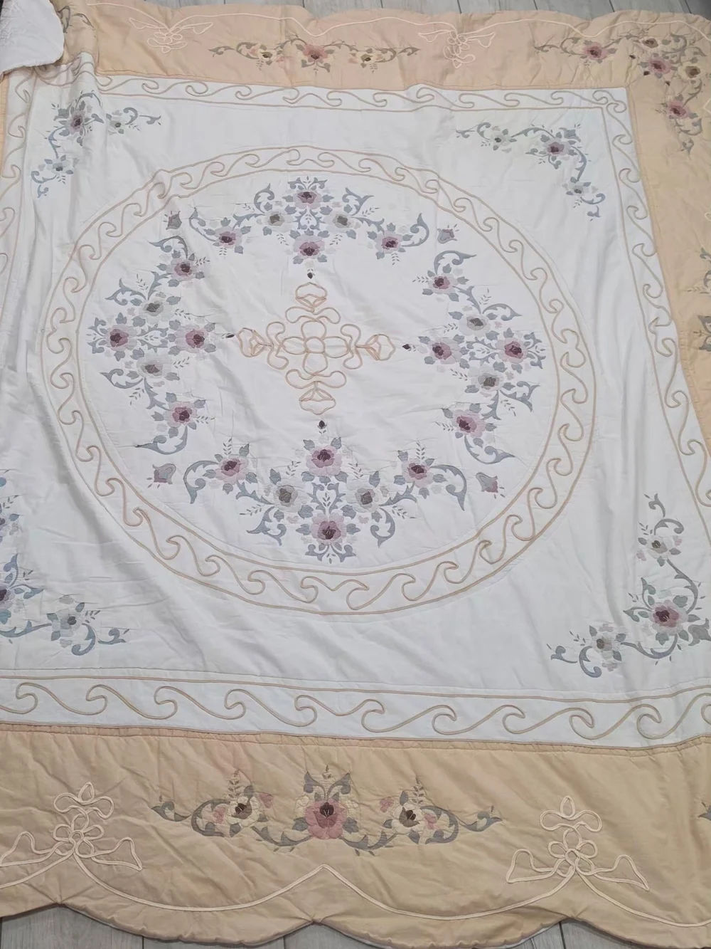 Floral Embroidered White and Beige Decorative Bedspread